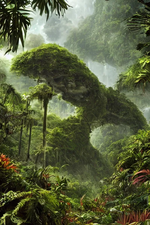 Prompt: a giant plant in the exotic jungle, landscape, alex ross, david finch, concept art, matte painting, highly detailed, rule of thirds, dynamic lighting, cinematic, detailed, denoised, centerd