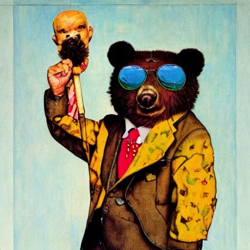 Prompt: a norman rockwell painting of a old - fashioned - humanoid - bear wearing brightly colored cheap sunglasses and 3 - piece suit