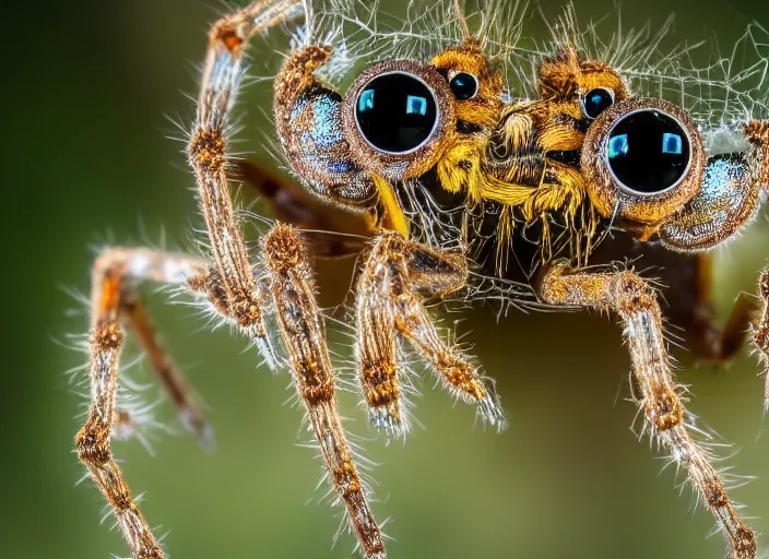 Image similar to super macro of a crystal spider with big eyes sitting on a flower, in the forest. fantasy magic style. highly detailed 8 k. intricate. nikon d 8 5 0 3 0 0 mm. award winning photography.