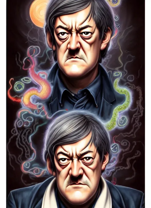 Prompt: lovecraftian portrait of grumpy stephen fry, anime style, by tristan eaton stanley artgerm and tom bagshaw