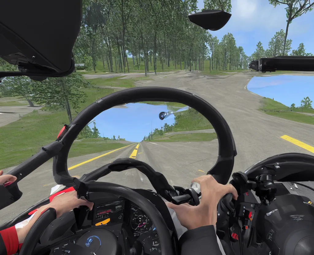 Prompt: first person point of view of driver simulator