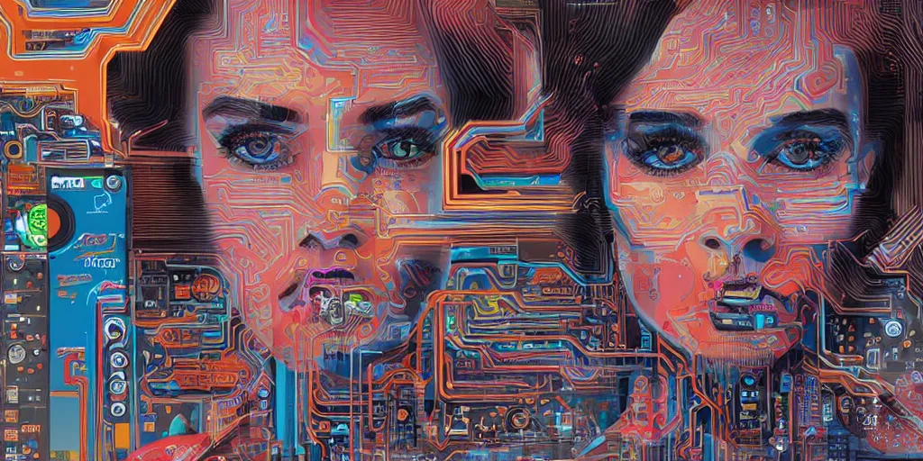 Image similar to portrait of computer & circuits, 8 k, by tristan eaton, trending on deviantart, face enhance, hyper detailed, minimalist, full of colour, super detailed, cinematic