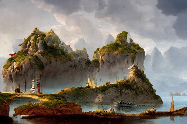 Image similar to A bizarre island landscape in the style of Dr. Seuss, boats, painting by Raphael Lacoste