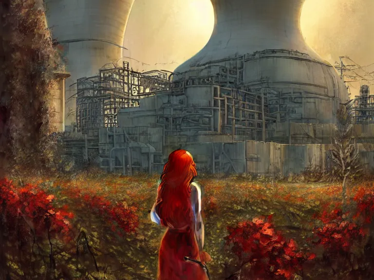Prompt: red hair girl, chernobyl powerplant!!!, rubble, ruins!!, flowers, vines, hyperrealistic, highly detailed, cinematic, single ray of golden sunlight, beautiful, cgssociety, artstation, 8 k, oil painting by greg rutkowski, by artgerm, by wlop
