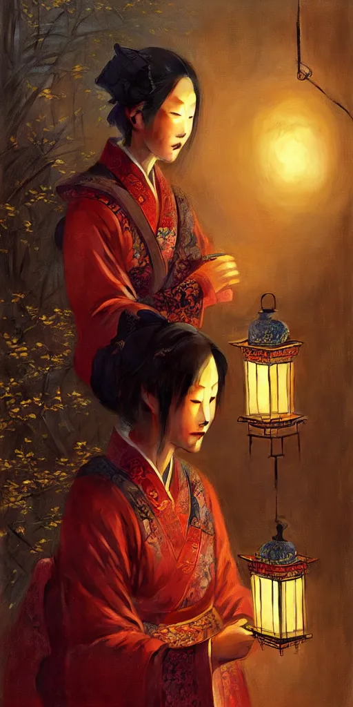 Image similar to mid - autumn night, ancient chinese women look at lanterns together, fine details. night setting. realistic shaded lighting poster by craig mullism, artgerm, jeremy lipkin and michael garmash, unreal engine, radiant light, detailed and intricate environment, digital art,