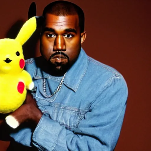 Image similar to kanye west smiling holding pikachu for a 1 9 9 0 s sitcom tv show, studio photograph, portrait c 1 2. 0