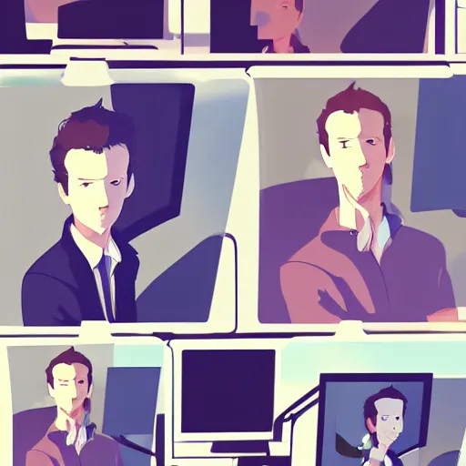 Prompt: mark zuckerburg sitting in front of two computer screens, clean cel shaded vector art. shutterstock. behance hd by lois van baarle, artgerm, helen huang, by makoto shinkai and ilya kuvshinov, rossdraws, illustration,