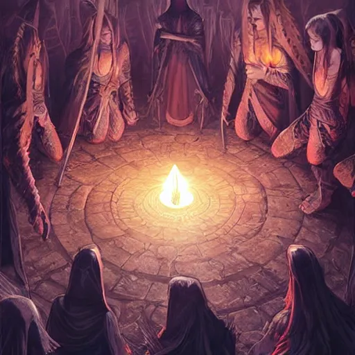 Prompt: female acolytes using demonic summoning circle to summon a demonic knight. incredible detail. by magali villeneuve and by wlop
