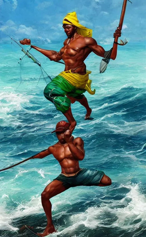 Image similar to character concept of a singular Jamaican fisherman posing in a battle stance in the Jamaican sea, colors of Jamaica, full-body character concept, cinematic, by Ross Tran and Artgerm and Peter Mohrbacher