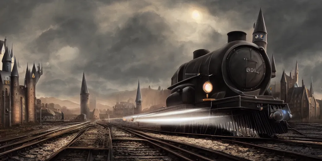 Image similar to mysterious painting of Hogwarts train, immaculate scale, hyper-realistic, Unreal Engine, Octane Render, digital art, trending on Artstation, 8k, detailed, atmospheric, immaculate