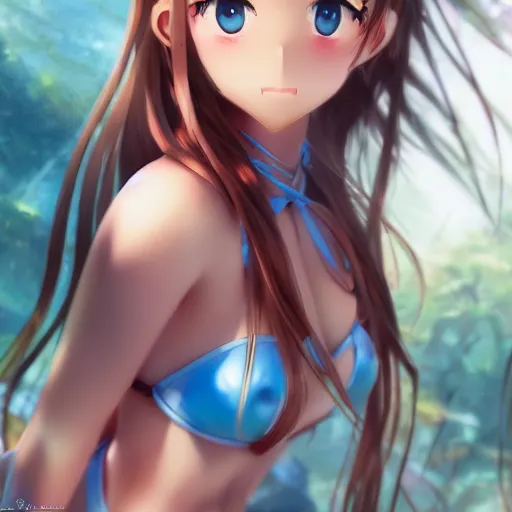 Prompt: a giant macro very beautiful young yuuki asuna, full body, long wavy hair, sky blue eyes, full round face, bikini, miniskirt, standing next to a dwarf, cinematic wallpaper by stanley artgerm lau