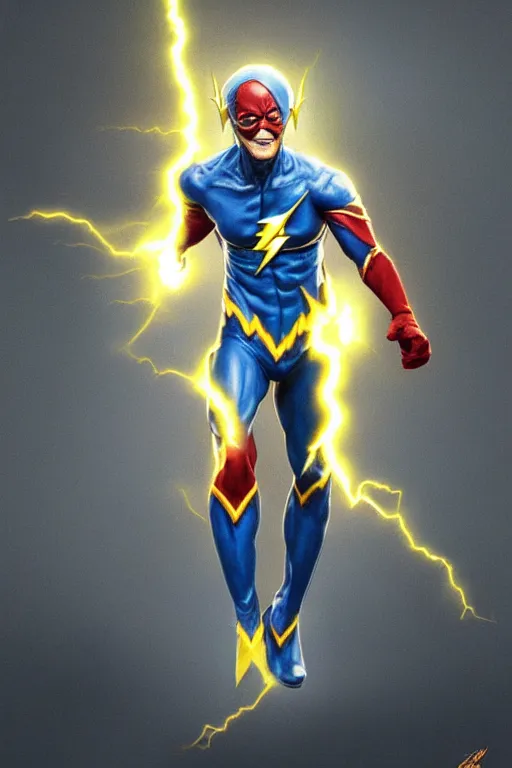 Image similar to Manmohan Singh as Flash, Flash costume, Manmohan Singh blue turban, Flash body type, Manmohan Singh Face, calm, lightnig speed, grumpy, portrait, masculine figure, highly detailed, digital painting, artstation, concept art, smooth, sharp focus, illustration, cinematic lighting, art by artgerm and greg rutkowski and alphonse mucha