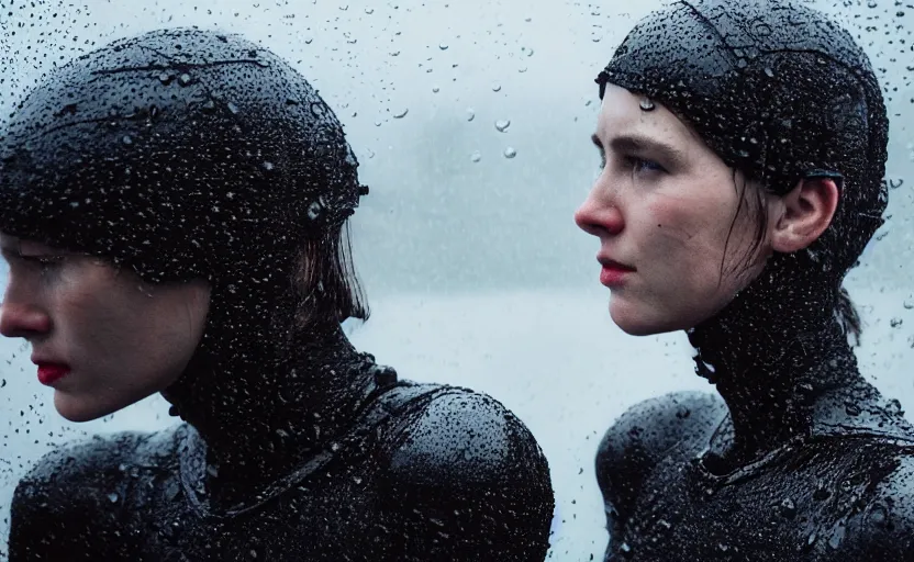 Image similar to cinestill 5 0 d candid photographic portrait by christopher nolan of two loving female androids wearing rugged black mesh techwear in treacherous waters, extreme closeup, modern cyberpunk moody emotional cinematic, pouring rain menacing lights, 8 k, hd, high resolution, 3 5 mm, f / 3 2, ultra realistic faces, ex machina