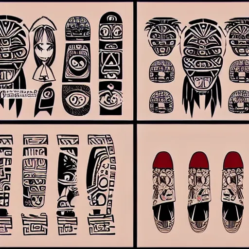 Image similar to sneaker design concept art, aztec mayan street fashion native punk sneaker design, majora's mask, wearing wooden mask, hip hop sneaker design with subtle mayan patterns, gapmoe yandere grimdark, trending on pixiv fanbox, painted by greg rutkowski makoto shinkai takashi takeuchi studio ghibli, akihiko yoshida