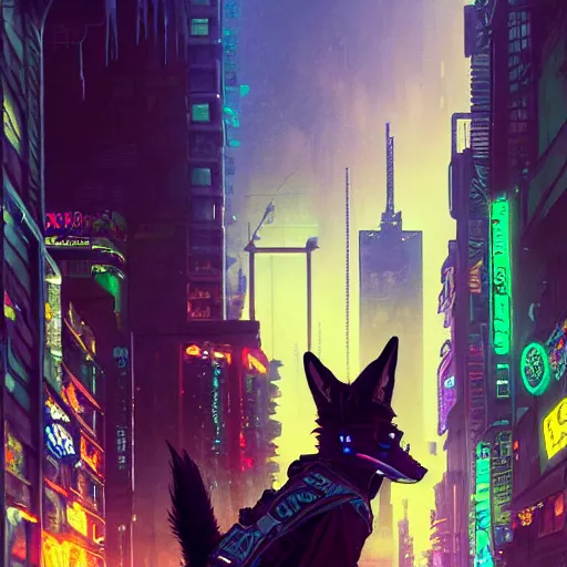 Image similar to anthropomorphic coyote character wearing black cyberpunk skater clothes with neon highlights in a cyberpunk city. Renowned character illustration by greg rutkowski, thomas kindkade, alphonse mucha, loish, norman rockwell. Trending on artstation 4k. Highly detailed. Digital art.