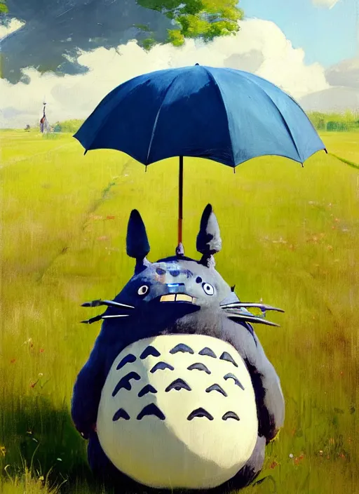 Image similar to portrait of adorable life size Totoro with umbrella, countryside near forest, calm, fantasy character portrait, dynamic pose, above view, sunny day, thunder clouds in the sky, artwork by Jeremy Lipkin and Giuseppe Dangelico Pino and Michael Garmash and Rob Rey, very coherent asymmetrical artwork, sharp edges, perfect face, simple form, 100mm