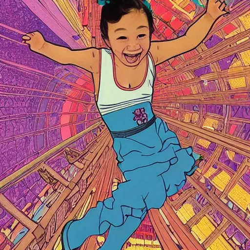 Prompt: a mixed race hapa five - year - old girl, dressed as a ballerina, balancing on the golden gate bridge, smiling into the camera, portrait, wide shot, sunset illustration, pop art, splash painting, art by geof darrow, ashley wood, alphonse mucha