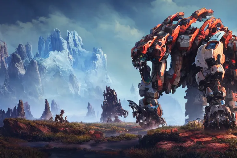 Image similar to tremortusk machine mecha animal beast robot of horizon forbidden west horizon zero dawn bioluminiscence global illumination ray tracing hdr fanart arstation by sung choi and eric pfeiffer and gabriel garza and casper konefal