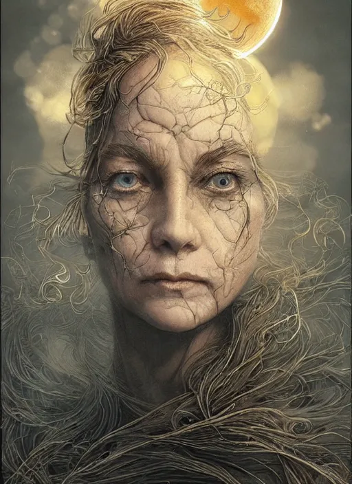 Image similar to golden moon at background, creative!!! composition for a book cover, absurdly beautiful, ultrafine hyperrealistic detailed old witch face by wlop and artgerm and greg rutkowski, intricate linework, sharp focus, smooth, octopath traveler, final fantasy, unreal engine, dramatic lighting, ethereal, 8 k