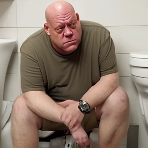 Image similar to a picture of hank schrader with a confused expression sitting on a toilet