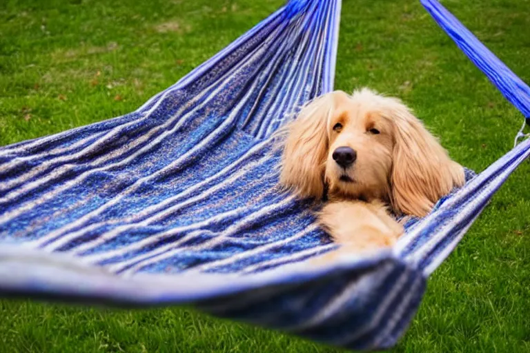 Image similar to a dog resting in the hammock