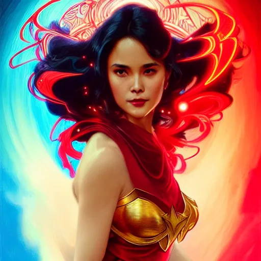 Image similar to kristine hermosa as darna, volumetric lights, red and cyan theme, art nouveau botanicals, intricate, highly detailed, digital painting, artstation, concept art, smooth, sharp focus, cinematic, illustration, beautiful face, art by artgerm and greg rutkowski and alphonse mucha