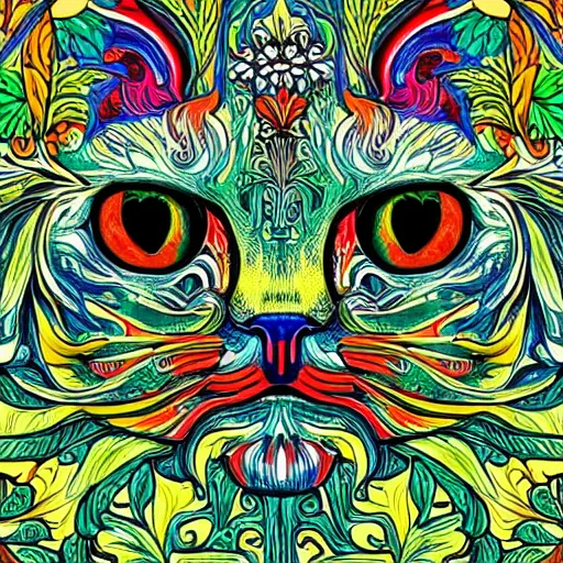 Image similar to colourful ornate decorative green man as a cat face by louis wain and william morris, closeup, twisting leaves, abstract psychedelic, 8 k, artstation