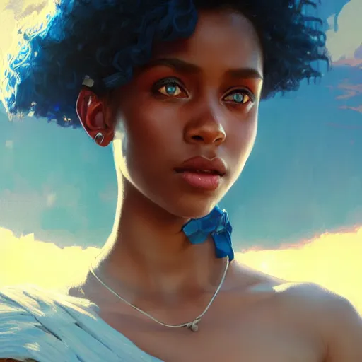 Image similar to a Photorealistic dramatic hyperrealistic bright blue eyes, African American girl, black hair, white veil,by WLOP,Artgerm,Greg Rutkowski,Alphonse Mucha, Beautiful dynamic dramatic bright sunset lighting,shadows,cinematic atmosphere,Artstation,concept design art,Octane render,8k