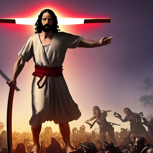 Prompt: jesus christ holding a katana and fighting a horde of zombies, 4 k, high resolution, still, landscape, hd, dslr, hyper realistic