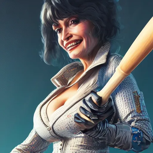 Image similar to closeup of Dolly Parton holding a baseball bat, cyberpunk 2077, intricate, elegant, highly detailed, digital painting, artstation, concept art, matte, sharp focus, illustration, hearthstone, art by Artgerm and Greg Rutkowski and Alphonse Mucha