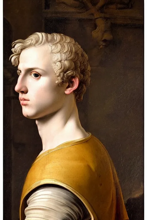 Image similar to renaissance painting of man, short blonde hair, thoughtful face, emotions closeup, dressed in roman armour, the beautiful garden with olive leaves, ultra detailed, art by Guido Reni style, Vincenzo Catena style