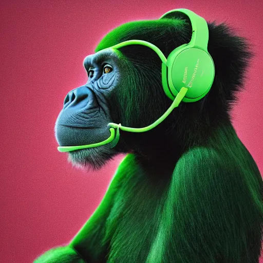 Image similar to a high quality photo of a green chimp wearing headphones, realism, 8k