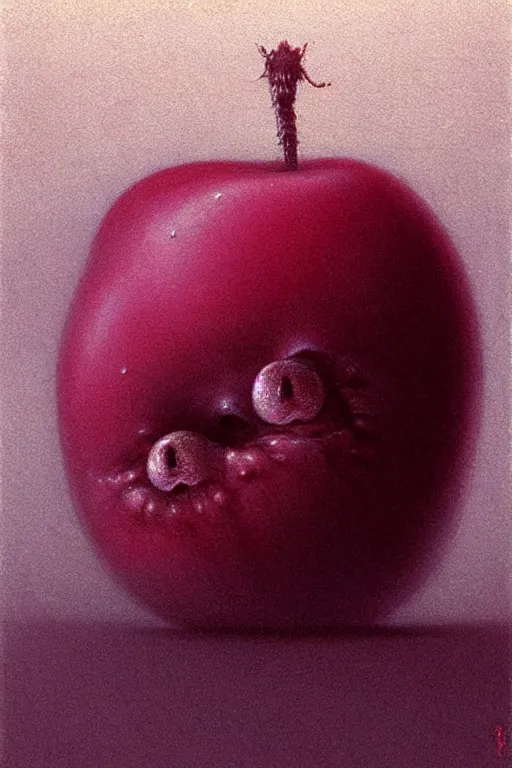 Image similar to something strange on my apple, close up of an apple, by zdzislaw beksinski, by dariusz zawadzki, by wayne barlowe, gothic, surrealism, cosmic horror, lovecraftian, cold hue's, warm tone gradient background, concept art, beautiful composition