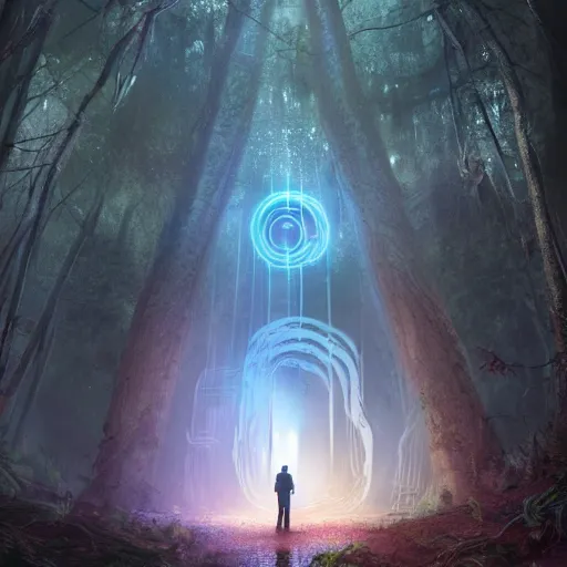 Image similar to a man standing in front of a portal in the middle of a forest, poster art by stephan martiniere, behance contest winner, sci - fi, reimagined by industrial light and magic, concept art