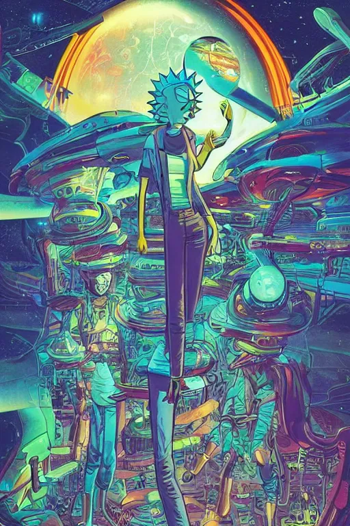 Prompt: Rick and Morty save the multiverse, science fiction, retro cover, high details, intricate details, by vincent di fate, artgerm julie bell beeple, 60s, inking, vintage 60s print, screen print