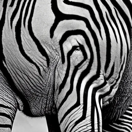 Prompt: an elephant with the fur and stripes of a zebra, national geographic photo, magazine photography