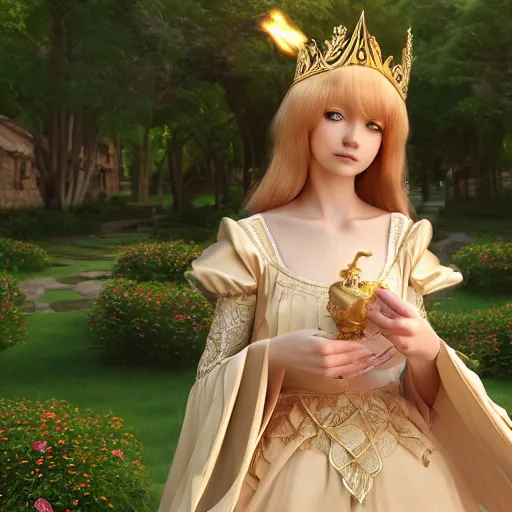 Image similar to a very detailed, ultra-realistic, pleasant, beautiful, funny, smooth 3D CG render, semirealistic anime style, close-up of a gorgeous, cute, gentle, noble priestess magician princess girl wearing dress and jewelry, in a glorious magic kingdom with castle and walls, relaxing calm vibes, fairytale, octane render