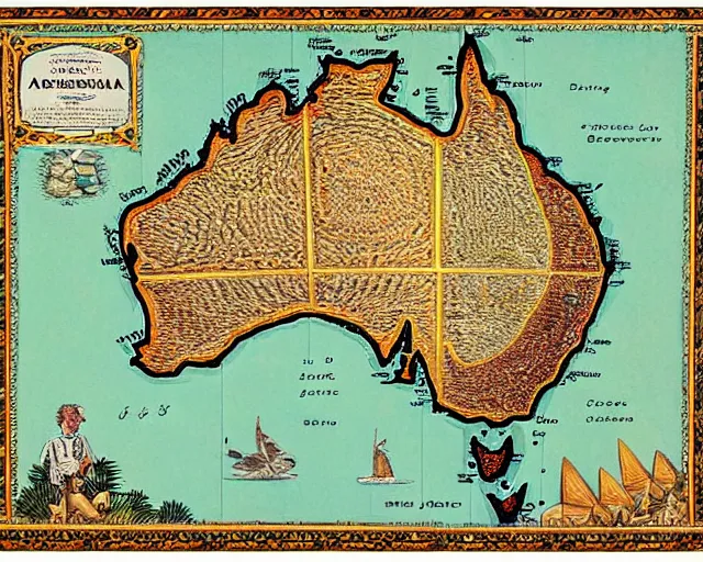 Prompt: recently rediscovered map of Australia, 16k scan, colorized, beautiful, intricate detail,