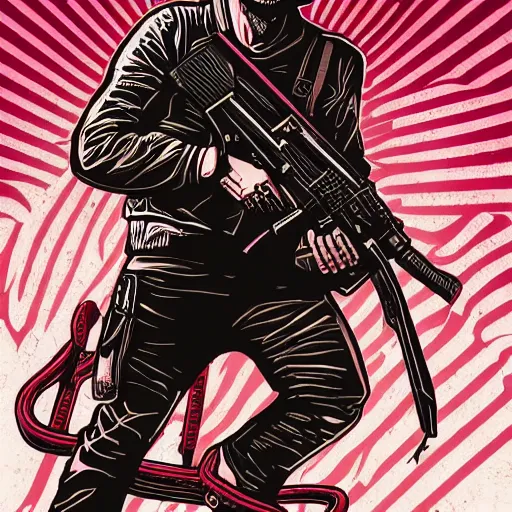 Image similar to Illustrated by Shepard Fairey and H.R. Geiger | Cyberpunk Rambo with VR helmet, surrounded by cables