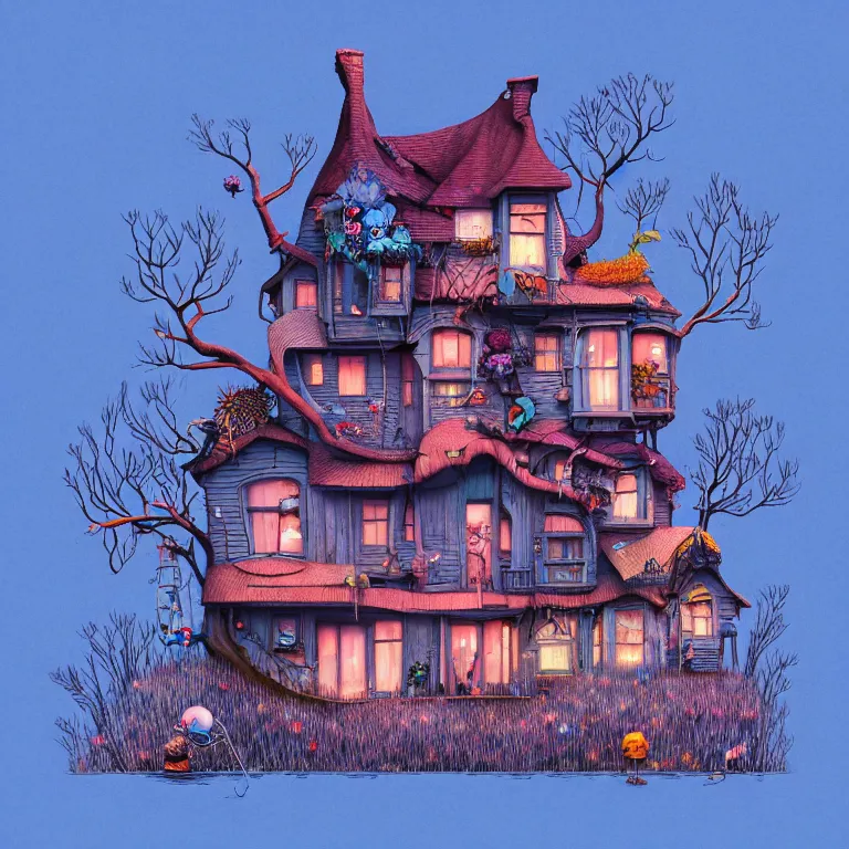 Image similar to house by elsa frozen, surreal art by gediminas pranckevicius, geof darrow, dark shadows, hard lighting, floralpunk, inking, etching, screen print, masterpiece, trending on artstation, sharp, colorful high contrast hd, 8 k hyper detailed