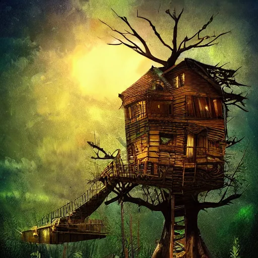 Image similar to post - apocalyptic dark liminal space dark paradise tree house, digital art, by pixar