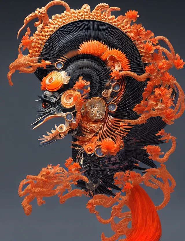 Image similar to 3 d goddess close - up profile portrait biomechanics with ram skull. beautiful intricately detailed japanese crow kitsune mask and clasical japanese kimono. betta fish, jellyfish phoenix, bio luminescent, plasma, ice, water, wind, creature, artwork by tooth wu and wlop and beeple and greg rutkowski. gold black teal and orange color scheme