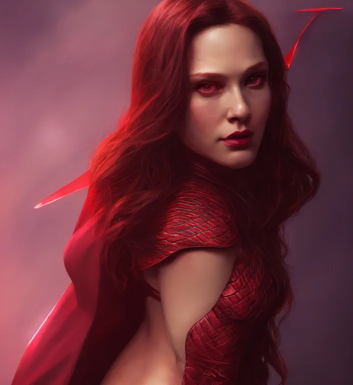 Image similar to Lucifer Morningstar as Scarlet Witch, portrait, full body, hyper detailed, digital art, trending in artstation, cinematic lighting, studio quality, smooth render, unreal engine 5 rendered, octane rendered, art style by klimt and nixeu and ian sprigger and wlop and krenz cushart