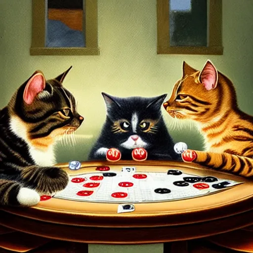 Prompt: photo of cats playing poker