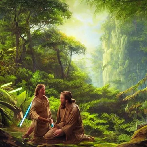 Image similar to stunning oil painting of a jedi master mentoring a jedi padawan on a lush jungle planet