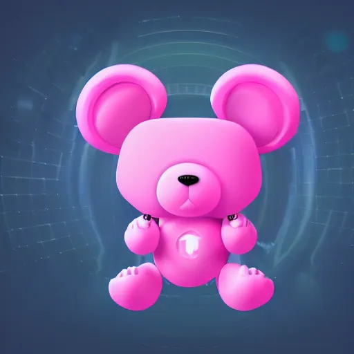 Image similar to iconic vector logo of cute cuddly pink bear with a podcast microphone, melodic, headphones, music, streaming, dreamy, isometric, adorable, octane render, golden ratio, 4k UHD, iconic design