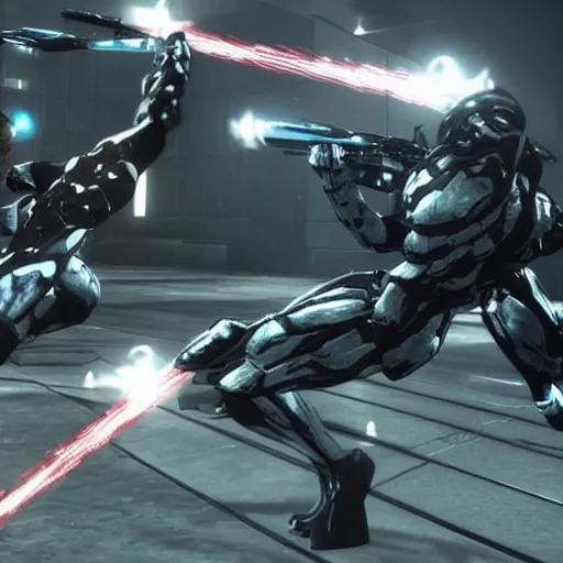 Prompt: hideo and kojima fight to the death in metal gear rising : revengeance