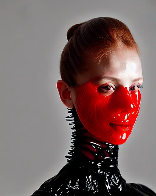 Prompt: symmetrical portrait of a woman wearing a red embroidered translucent silicone mask and white frizzy hair buns, wearing a black bodysuit by alexander mcqueen, cream white background, soft diffused light, biotechnology, humanoide robot, futuristic aesthetic, translucent, ethereal, intricate details, highly detailed, masterpiece,