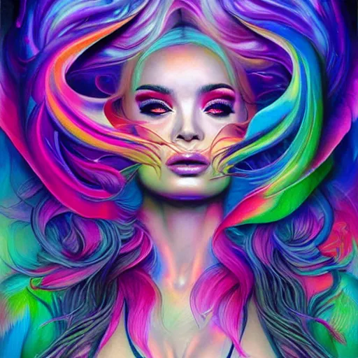 Prompt: psychedelic ethereal portrait of kim petras with, eyes closed transcending to a higher plane of the multiverse, eternal blessing, multidimensional, visionary art, oil painting, by artgerm, by android jones, by ben ridgeway, by ross draws, by noah bradley, by maciej kuciara, featured artstation, moebius, greg rutkowski