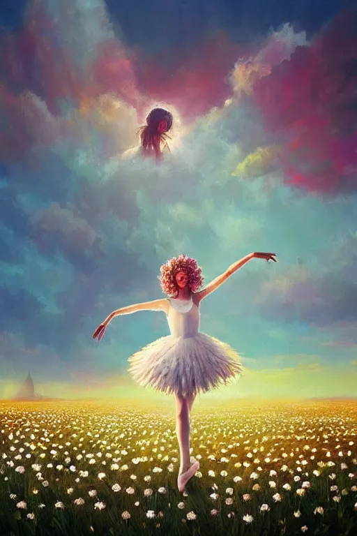 Image similar to giant white daisies flower as head, girl ballet dancing in a flower field, surreal photography, sunrise, dramatic light, impressionist painting, colorful clouds, digital painting, artstation, simon stalenhag